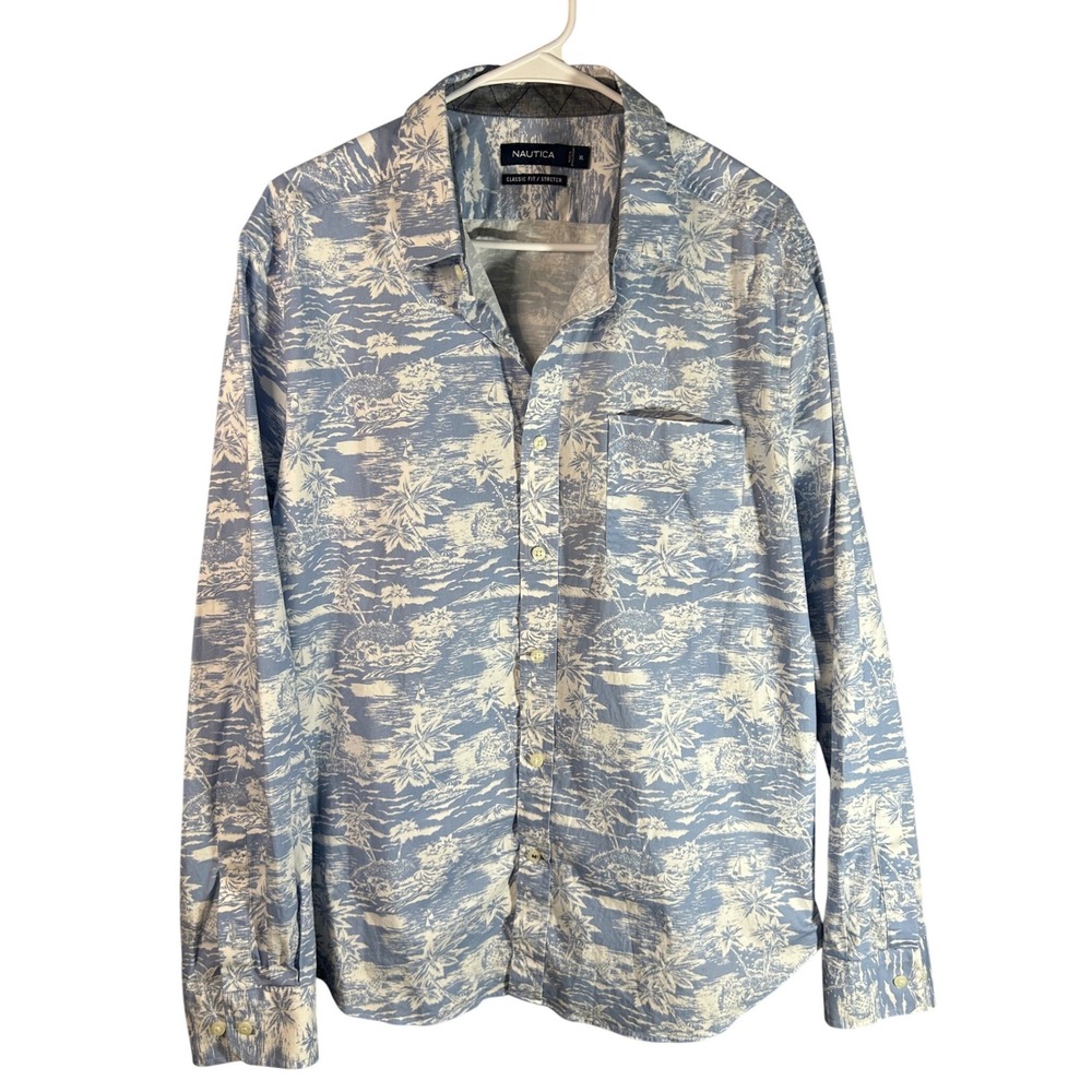 Nautica Mens XL Classic Fit Stretch Tropical Island Print Button Down Shirt Blue